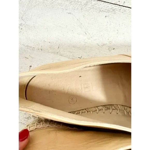 Chanel Lambskin Leather Cap Toe Espadrilles Loafer Flat Beige/Black Women's 37 - Picture 5 of 9